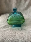 Blue green  Jeanette Glass Candy Dish Vintage Acorns Oak Tree Leaves W/lid Bowl