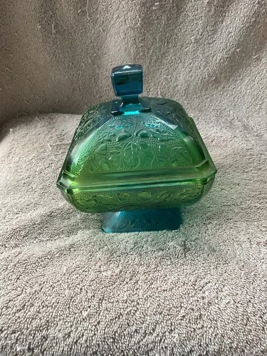 Blue green  Jeanette Glass Candy Dish Vintage Acorns Oak Tree Leaves W/lid Bowl
