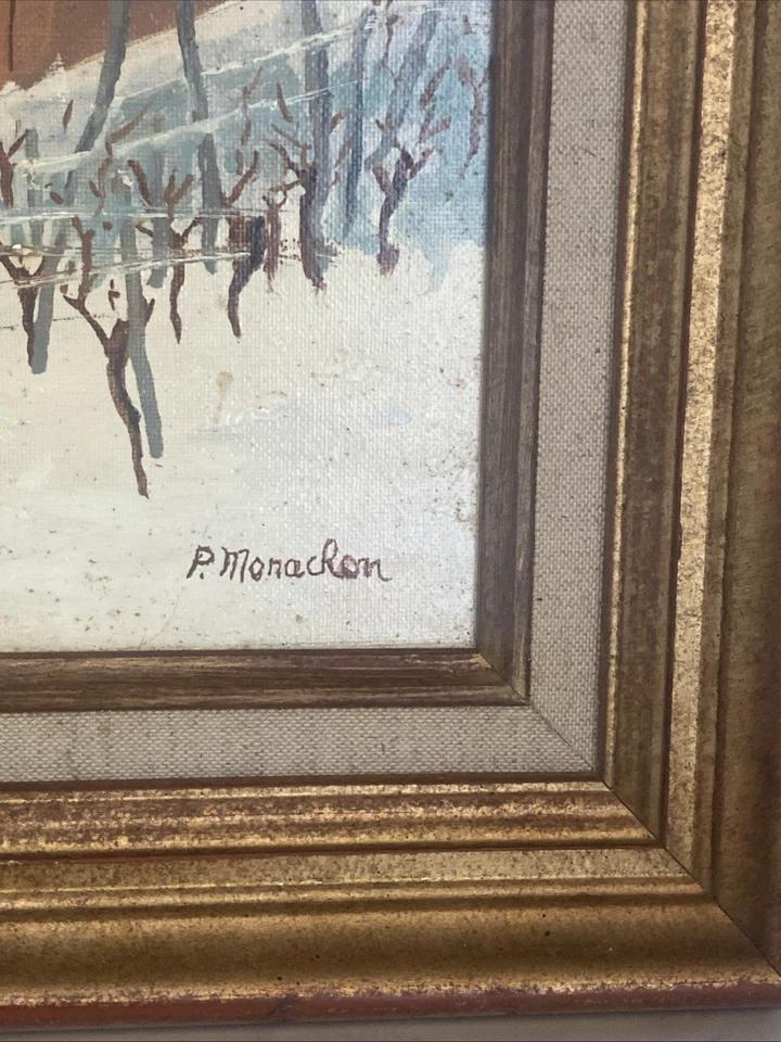 tableau ancien huile sur toile signé Monachon Alsace Neige Riquewihr - Photo 2/4