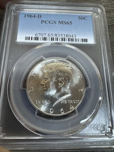 1964-D KENNEDY HALF DOLLAR BU UNC MINT STATE 90% SILVER COIN PCGS MS65