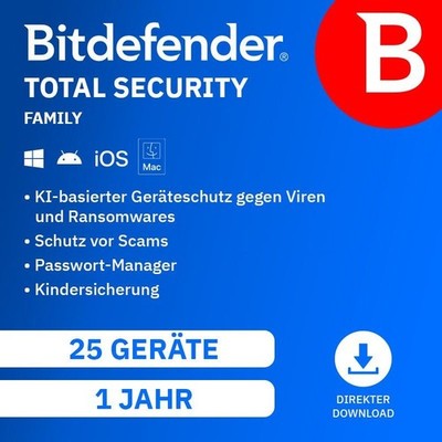 Bitdefender Total Security KI 1 Jahr Lizenz 25 PC WIN macOS iOS Android Download