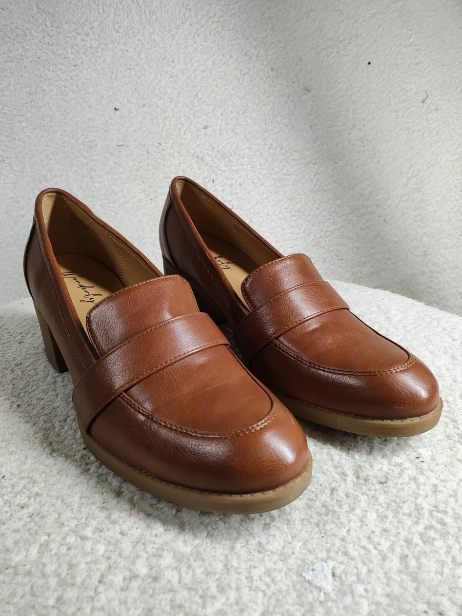 Wonderly Women Loafers 11M Brown Leather Slip On Leah Comfort Block Heel  Shoes