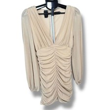 PrettyLittleThing Long Sleeve Ruched Mesh Mini Dress Nude Beige | Size 6