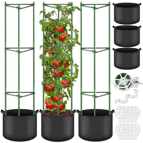 3PCS 48" Tomato Cages with 3 Grow Bags Heavy-Duty Garden Plant Support