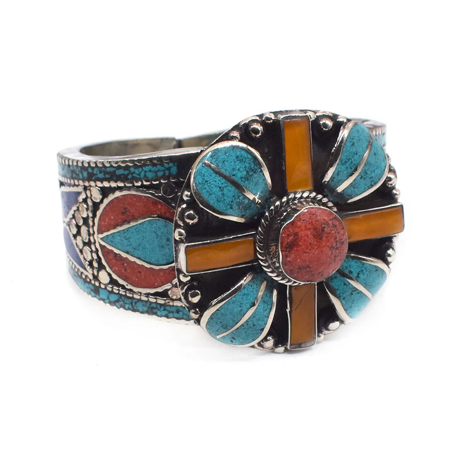 Turquoise Red Coral Gemstone Ethnic Nepali Fashion Jewelry Bracelet 7.5" h122 - Image 3 of 4