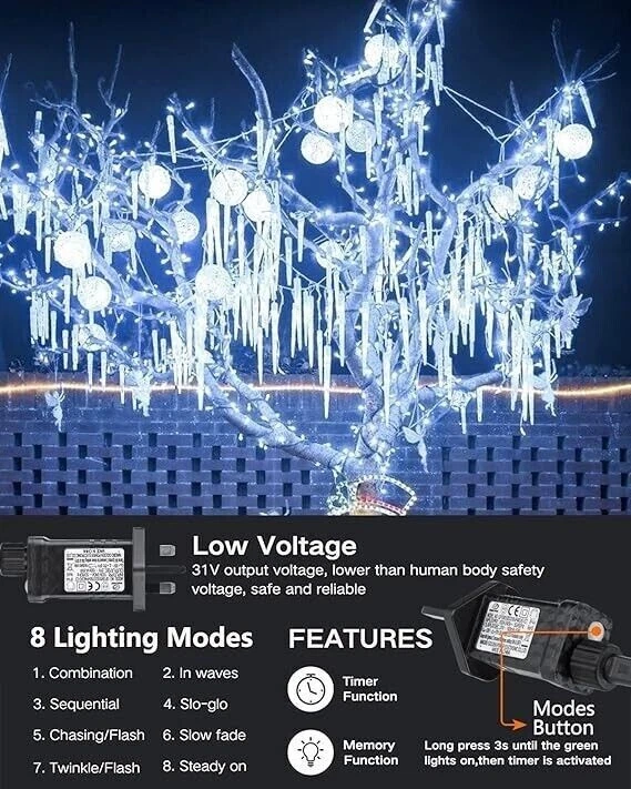 White 20 Tubes 90 LED Outdoor Icicle Lights, 8 Lighting Modes Memory Function - Image 4 of 4