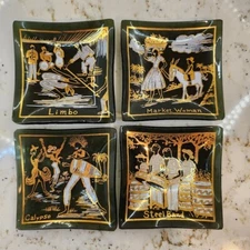 MCM Trinket Dish Smoked Glass Gold Leaf Steel Band Limbo Woman Caribbean Set 4