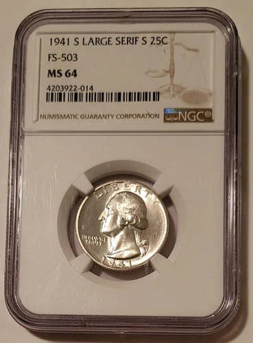 1941 S Washington Quarter Large S Serif Variety FS-503 MS64 NGC