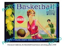 OLD 8x6 HISTORIC PHOTO OF CLAREMONT CALIFORNIA BASKETBALL LEMONS POSTER c1930