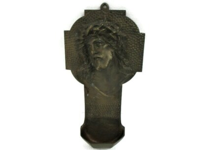 Holy Water Font Jesus Christ Head of Crowns Hanging vessel Antique Gorgeous Bras