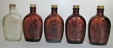 Lot 5 Vtg Embossed 8" Log Cabin & Plow Syrup Bottle W/ Faux Cork Cap
