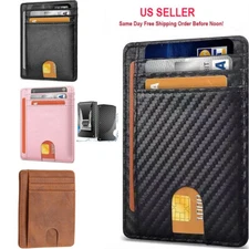 Slim Minimalist Front Pocket RFID Blocking Leather ID Card Wallet for Mens Woman