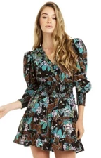 Love The Label Tiered Ruffle Floral Mini Dress Smock Waist Puff Sleeve Womens XS