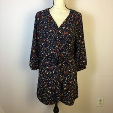 Umgee Mini Dress Size S Womans Navy Blue Floral Long Sleeve Bohemian Tie Waist