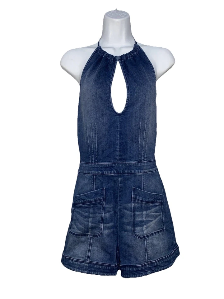 Camiseta Bebe Denim Halter Top Jumper Tamanho 28 Md 8-10 Sexy Y2K Clubwear Siren Biker - Imagem 2 de 4