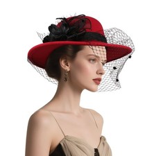 Women 1920s Classic Cloche Felt Hat with Floral Veil for Wedding Party tea Party