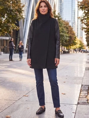 Theory Naomo Coat | Wool Cashmere & Leather Sleeves | Black | M