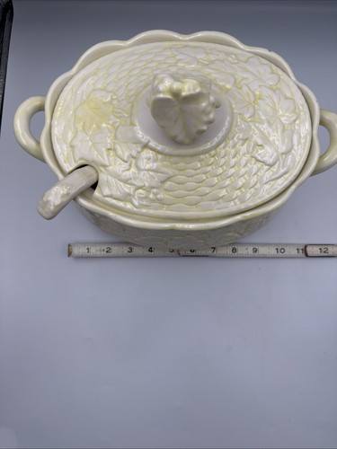 Vintage Suppenterrine Deckel & Schöpfkelle geprägte Blätter Herbst Wohndeko selten - Bild 16 von 24