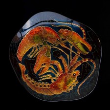 Plaque de Verre Polylobé à Décors fixé Homard & Langouste Dia 37cm Italie 1970
