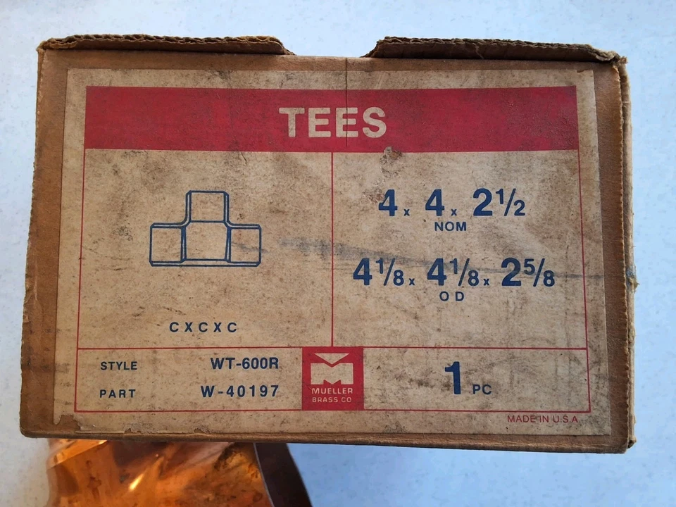 4" x 4" x 2-1/2" Inch  Copper Tee Plumbing Fitting Mueller USA WT-600R NOS - Image 2 of 4