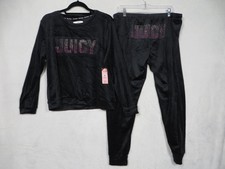 Juicy Couture Pajama Set Womens XL Black Velour JUICY Logo Rhinestone Sleepwear
