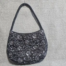 Hillard & Hanson Black Beaded Clutch Purse Evening Hand Bag Crossbody Floral Y2K