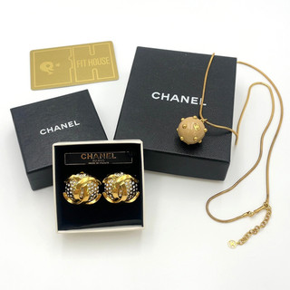 Auth Chanel Coco Ball Necklace 00A/Rhinestone Earring 2_3 Engraved W/B BA020346