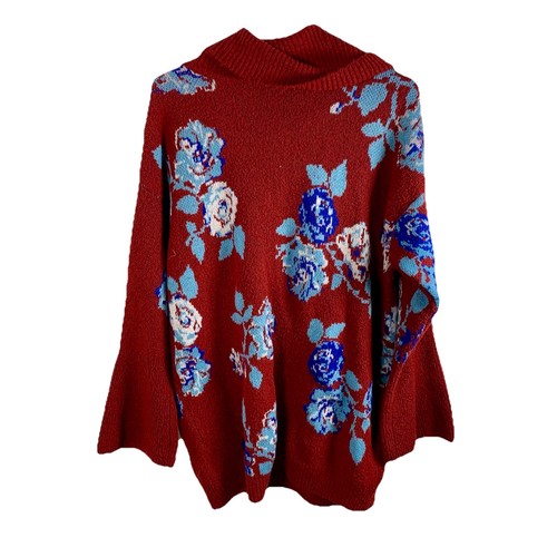 Maglione donna Pioneer floreale taglia L country cottagecore collo cappuccio rosso blu accogliente - Foto 3 di 12