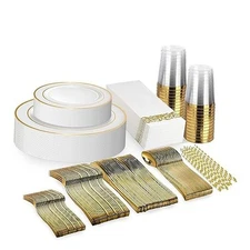  225 Pcs Rim Plastic Dinnerware Set (25 Guest) | 25 x (Dinner Plate, Gold