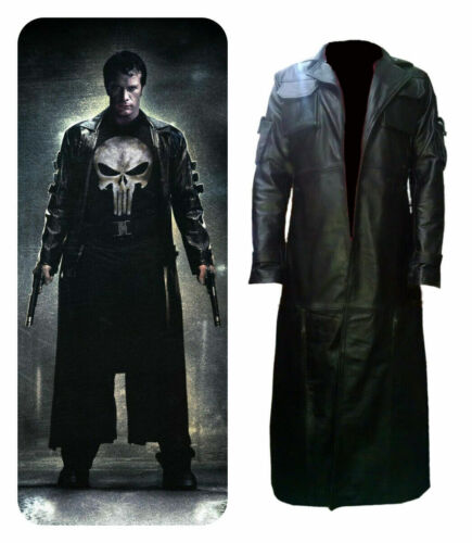 Man War Zone Punisher Thomas Black Real Lambskin Leather Long Trench Coat Mens - Picture 1 of 6
