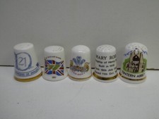 5 VINTAGE PORCELAIN THIMBLES TINTERN ABBEY ICH DIEN MARY ROSE DIANAS 21ST FALKLA