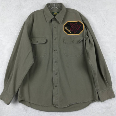 Cabelas Mens Shirt Button Up Olive Green Long Sleeve Camp Pockets Patch Front L