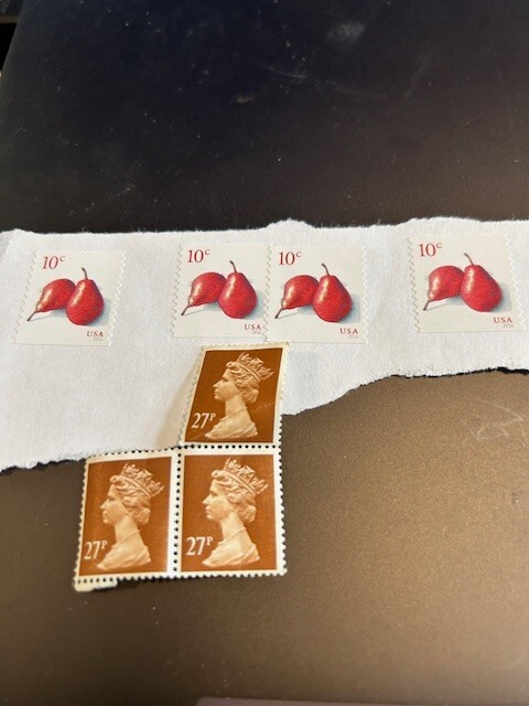 (3) 27p Queen Elizabeth stamps brown background and (4) 10 cent pear usa stamps