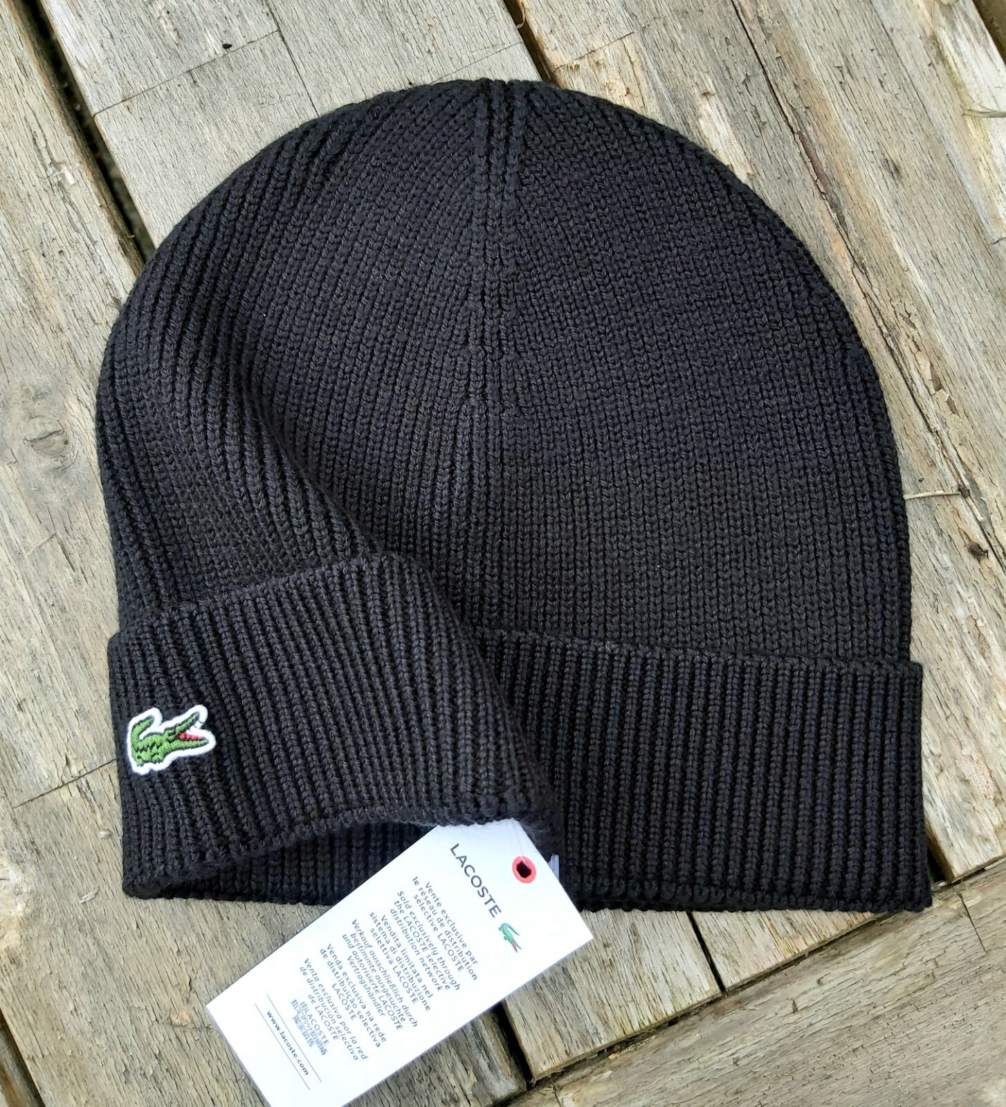 LACOSTE Black Wool Cuff BEANIE Hat Toque OSFA New Tags RB3502 00 031 Lac2