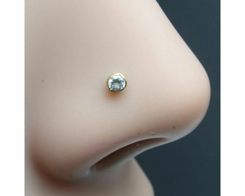Tiny Single stone CZ Piercing Nose Stud Nose Pin Solid 14k Yellow