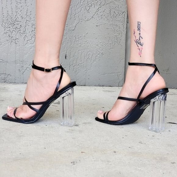 Women Black Square Toe Clear Block High Heel Sandals