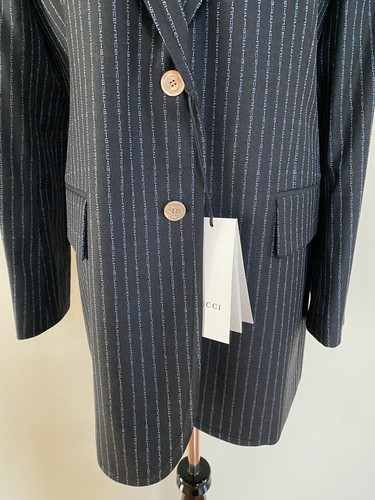NWT Gucci Lettered Logo Pinstripe Dark Gray Wool Blue Blazer Jacket 46 10 $3290 - Picture 8 of 12