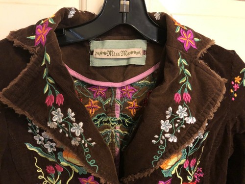 Giacca Miss Me marrone velluto a coste ricamato perline sfilacciate boho chic taglia S - Foto 2 di 5