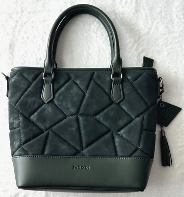 FADEON Handbag Emerald Green Two Handle Purse Multi Pockets Tassel Brown Lining