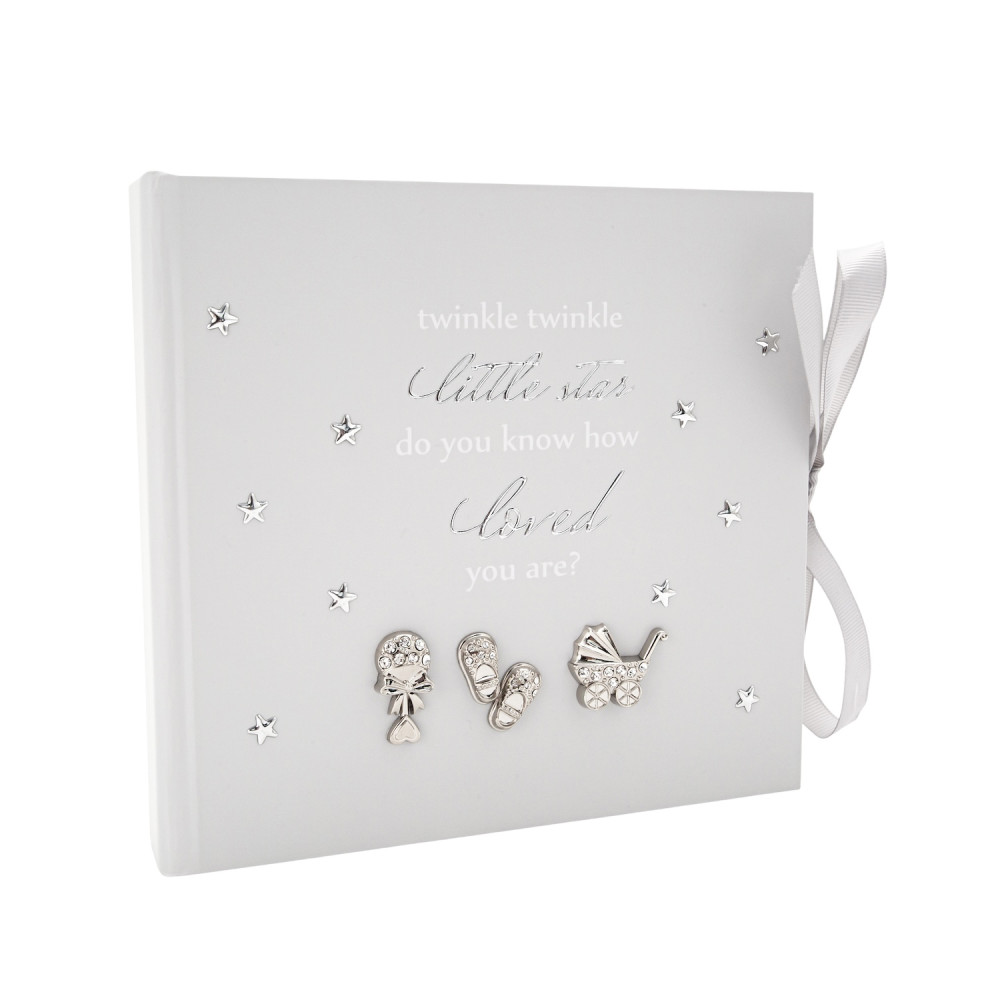 Baby Keepsake Photo Album with Silver Plated Rattle Pram and Booties by Happy...
