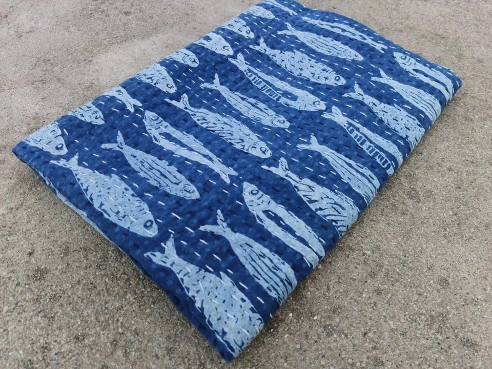 Indian Handmade Throw Kantha Quilt Floral Block Print Blue Indigo Fish Bedspread - Image 4 of 4