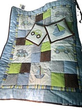 Kidsline Unisex Crib Quilt Coverlet, Embroidered Quilted Vehicles, Blue Green
