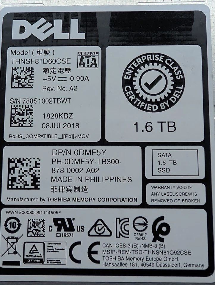 Dell DMF5Y 1.6TB SATA 2.5" SSD 6Gb/s THNSF81D60CSE - Image 2 of 3