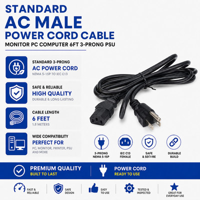 Standard AC Male Power Cord Cable Monitor PC Computer 6ft 3-Prong PSU