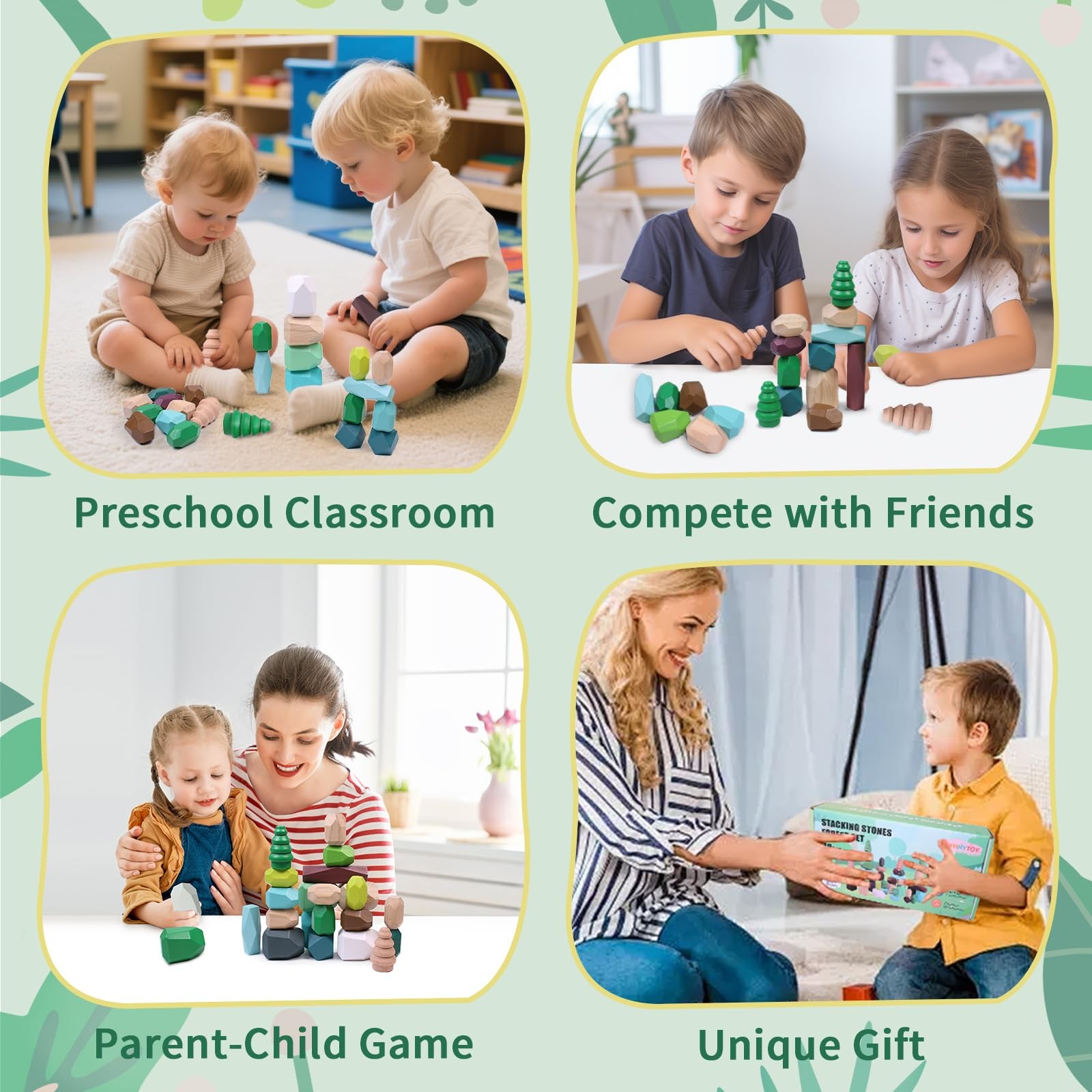 40 PCS Wooden Stacking Rocks Building Blocks Forest Theme, Sensory Learning M...