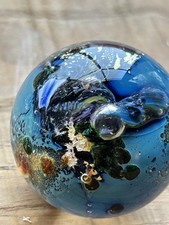 Vintage Josh Simpson Inhabited Planet art glass paperweight etched JS03