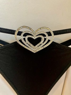 Victoria s Secret Black Thong, Size S, With Rhinestone Heart Design, Very Nice !