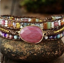 Natural Rhodonite  Jasper Beaded Crystal Leather Wrap Bracelet