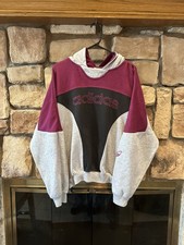 VTG 80s/90s Adidas Hoodie Geometric Rare Black Burgundy Gray Logo Trefoil Mens L