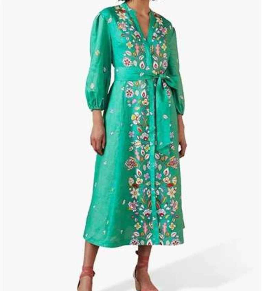 Vestido Boden Addie 100% Lino Verde Midi Estampado Floral Talla 10R Foto 2 de 4